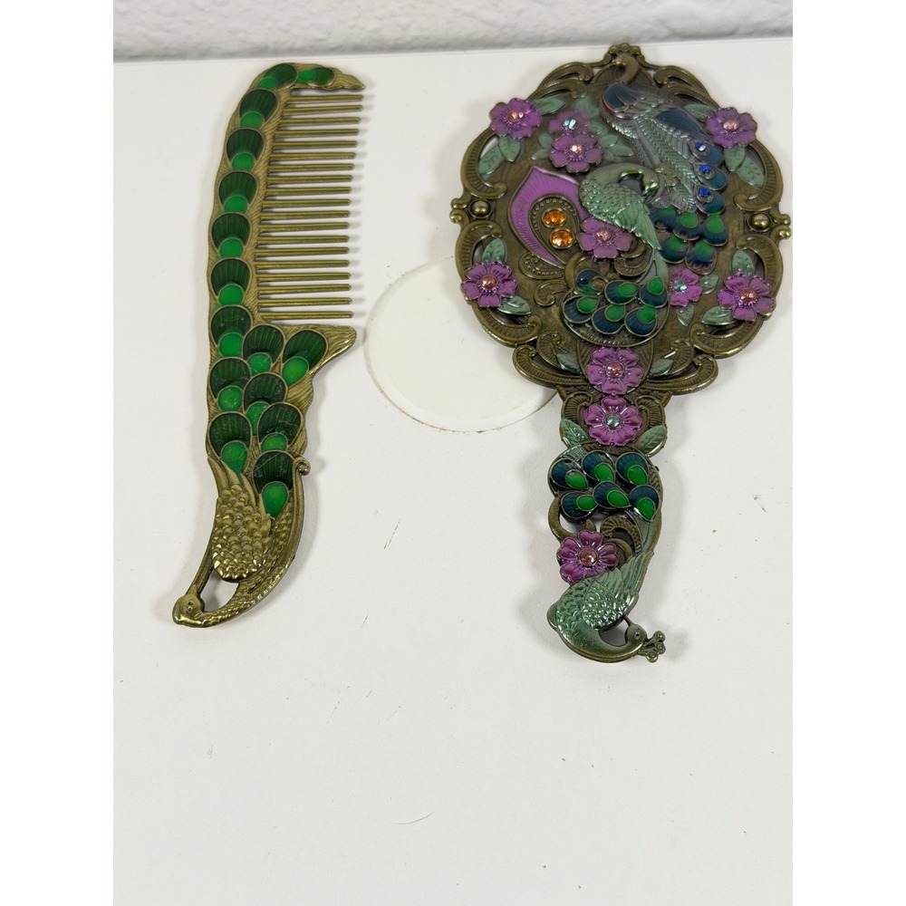 Vintage Style Peacock Enamel Hand Mirror and Comb Vanity Set Bronze Green Purple